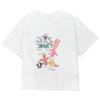 T-shirt per bambini alla moda in puro cotone a maniche corte da bambina, top a mezza manica stampato davanti e dietro allentato estivo  bianca