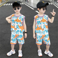 Boys Dinosaur Vest Summer Suit Summer Children's Handsome Thin Two-piece Suit  Orange