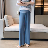 Calças de maternidade verão fino desgaste exterior calças de apoio barriga moda perna larga tamanho ajustável  Azul
