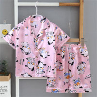 Pantalones cortos de manga corta para niñas, pijamas finos de dibujos animados de seda de imitación para el hogar  Rosado
