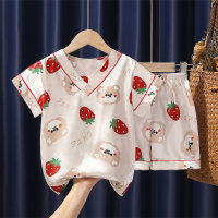 2024 New Ice Silk Pajamas Short Sleeve Shorts Satin Girls Boys Cartoon Summer Air Conditioning Home Clothes  Khaki