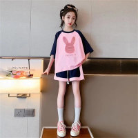 Meninas verão shorts de manga curta ternos esportivos para crianças médias e grandes estilo de verão moda crianças estilo coreano roupas casuais de verão  Rosa