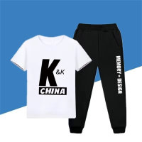K letter short-sleeved trousers suit short-sleeved T-shirt for boys and girls 2024 summer new children's sportswear for middle and large children  White