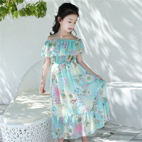 Girls chiffon dress mid-length beach dress for small to large children with off-shoulder floral print dress  Light Blue