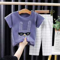 Summer children's clothing, children's air-conditioned clothing set, pure cotton baby short-sleeved T-shirt, trousers, home clothes, boys' and girls' pajamas  Blue