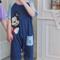 Pijamas de una pieza de verano de algodón puro con dibujos animados, colcha transpirable antipatadas, ropa de hogar para niños  Azul marino
