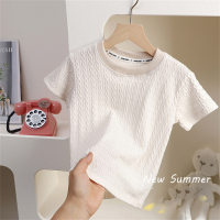 Summer children's round fashionable collar knitted T-shirt for girls solid color breathable hollow western style tops for boys casual thin  White