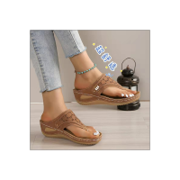 Sandales décontractées pour femmes, nouvelle collection d'été, fond épais, bout clip, talon compensé creux, couleur unie  marron