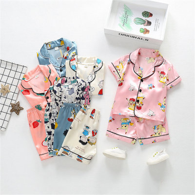 Novos produtos de verão para meninos e meninas dos desenhos animados cardigan pijamas bebê seda gelo shorts de manga curta conjunto de roupas de casa das crianças