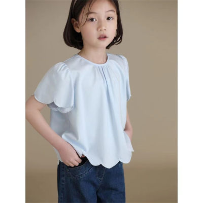 New arrival children's clothing girls parent-child style Japanese style solid color flower pure cotton short-sleeved top round neck small shirt