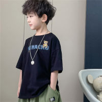 Boys' short-sleeved T-shirts, sweat-absorbent and breathable cotton INS summer tops  Navy Blue