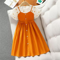Girls Summer Dress Children's Puff Short Sleeve Fake Two-piece Suspender Skirt Korean Style Western Style Big Children's College Style Skirt  Orange