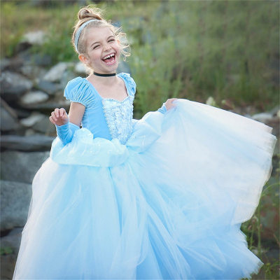 Vestido de princesa Cinderela para meninas, vestido de manga curta, saia tutu, saia de malha infantil grande