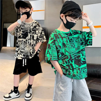 Children's short-sleeved summer new thin printed handsome tops for middle and large children's personality fashion casual printed T-shirts