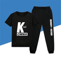 K letter short-sleeved trousers suit short-sleeved T-shirt for boys and girls 2024 summer new children's sportswear for middle and large children  Black