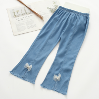 Novedad de verano, pantalones acampanados de algodón tencel de estilo, pantalones casuales de moda con lazo para niñas  Azul