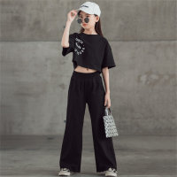Girls casual letter short-sleeved wide-leg pants two-piece set  Black