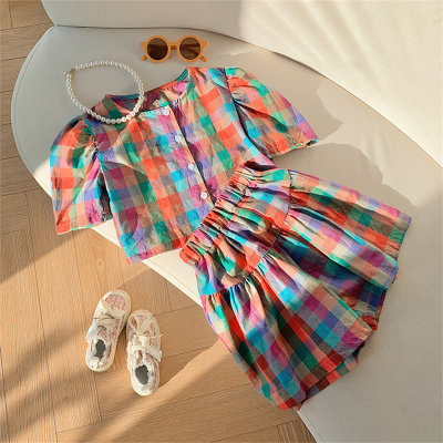 Children's clothing style puff sleeve plaid shirt shorts two-piece suit summer new girls retro suit