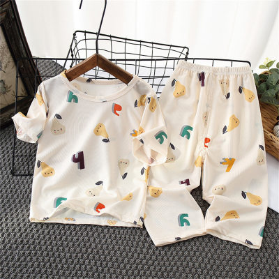 Children's medium-sleeved air-conditioning clothes, thin full-flowered ice silk short-sleeved home clothes set