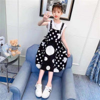 New style girls spring and summer trendy polka dot suspender skirt fashionable two-piece set  Black