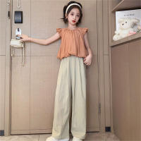 Girls, older children, small fragrance, casual and sweet suits, chiffon shirts, T-shirts, wide-leg pants, two-piece set  Apricot