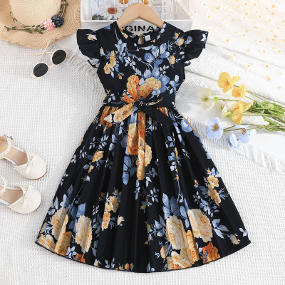 Summer new style girls flower print flying sleeves casual dress + belt two-piece set