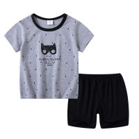 Boys' fashionable color-blocked short-sleeved pure cotton home wear two-use suit  Gray