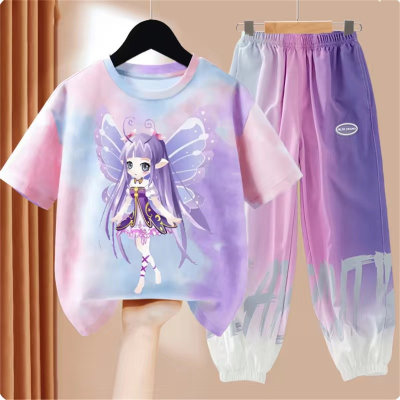 Girls' summer suits, ice silk trousers, short-sleeved T-shirts, fashionable tie-dye tops, two-piece suits