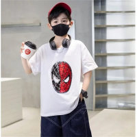 Boys short-sleeved T-shirt children's summer sequined changeable pattern pure cotton top Spiderman  White