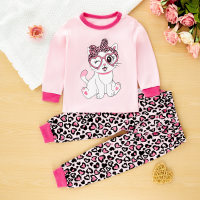 Sweet and fashionable leopard print pure cotton long-sleeved home clothes  Pink