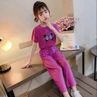 Internet celebrity baby girl summer new stylish casual suit children's Korean version of fashionable butterfly top trousers two-piece suit  Hot Pink