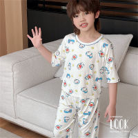 Children's summer pajamas suits for boys cartoon modal home clothes for girls three-quarter sleeves three-quarter pants air-conditioning clothes  Light Blue