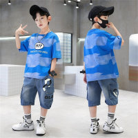 Boys' trendy summer suits 2024 new short-sleeved jeans fashionable and handsome smudge-dyed two-piece suits for middle and large children  Blue