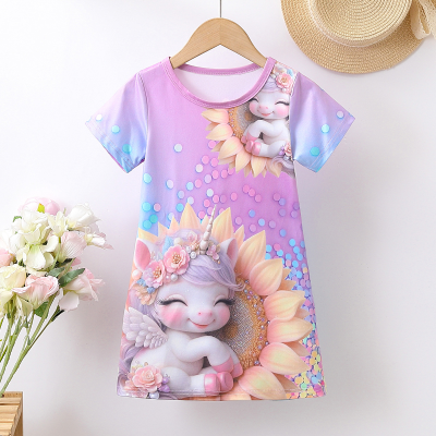 Ropa y vestidos infantiles para niñas, vestido infantil informal de manga corta con cuello redondo y estampado digital de unicornio