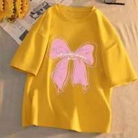 Nueva versión coreana de verano para niñas de una dulce y moderna camiseta informal de manga corta con estampado de mariposas para niños medianos y grandes  Amarillo