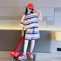 Girls' sports summer casual children's short-sleeved shorts suit, medium and large children's loose two-piece set  Red stripes