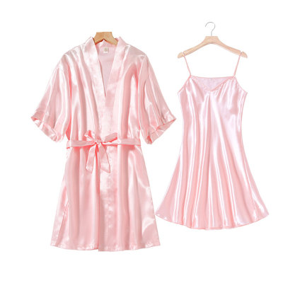 2-قطعة فستان كامي نسائي بلون خالص بياقة على شكل V بدون أكمام مع فستان نوم متناسق بأكمام قصيرة