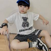 Boys summer plaid pants suits for medium and large children handsome cartoon T-shirts shorts two-piece suits trendy  Gray