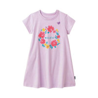 2024 Spring and Summer Girls A-line Shaped Fresh Print Cotton Short Sleeve T-shirt Dress  Purple