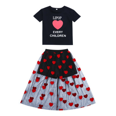 Summer new love skirt suit children's short-sleeved T-shirt + two-color gauze skirt two-piece suit