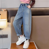 Girls pants fashionable middle and large children's spring clothes children's stylish loose jeans  Blue