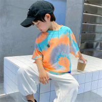 Summer new boys cotton fashion short-sleeved medium and large trendy children's cool printing one-piece outer wear round neck top  Orange