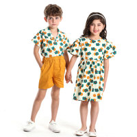 Xia Xin Boys' Shirt Printed Short Sleeve Breathable Children's Shirt Set Loving Boy Baby Clothing  Yellow
