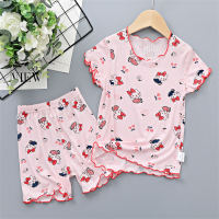 Ice silk children's girls summer new short-sleeved shorts home clothes pajamas set cute air-conditioned clothes breathable two-piece set  Pink