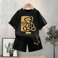 Camiseta de algodón de manga corta para niños, novedad de verano, estilo oso, top holgado con cuello redondo, ropa de moda ins  Negro