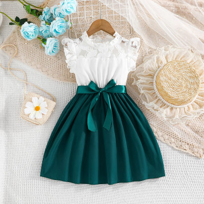 Summer girls new white solid color stitching solid color dress ribbon belt