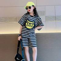 Girls striped short-sleeved suits summer new style fashionable cartoon T-shirt shorts Korean version of two-piece suit  Gray