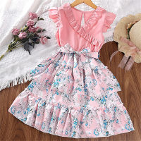 Summer new style girls' fashion flying sleeves butterfly print dress  Pink