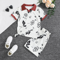 Girls suit flower print short sleeve shorts children's two-piece suit color matching lapel children's clothing trend  White