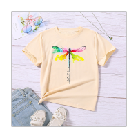 Summer short-sleeved cartoon printed T-shirt with colorful dragonfly pattern  Apricot